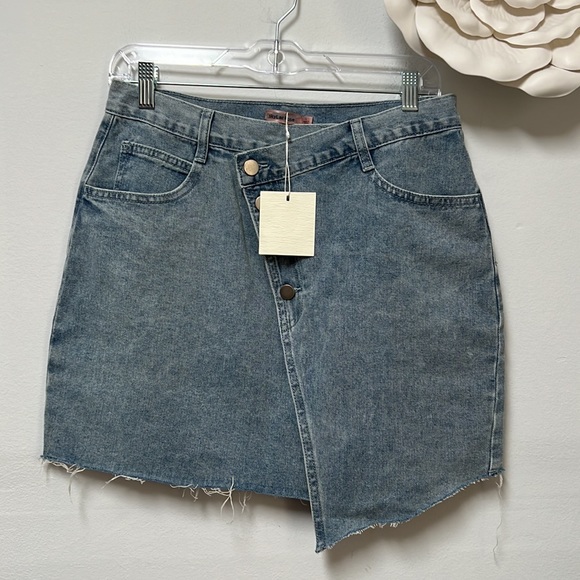 ASOS Dresses & Skirts - ASOS•Skylar Rose denim crossover asymmetric skirt raw hem L NWT